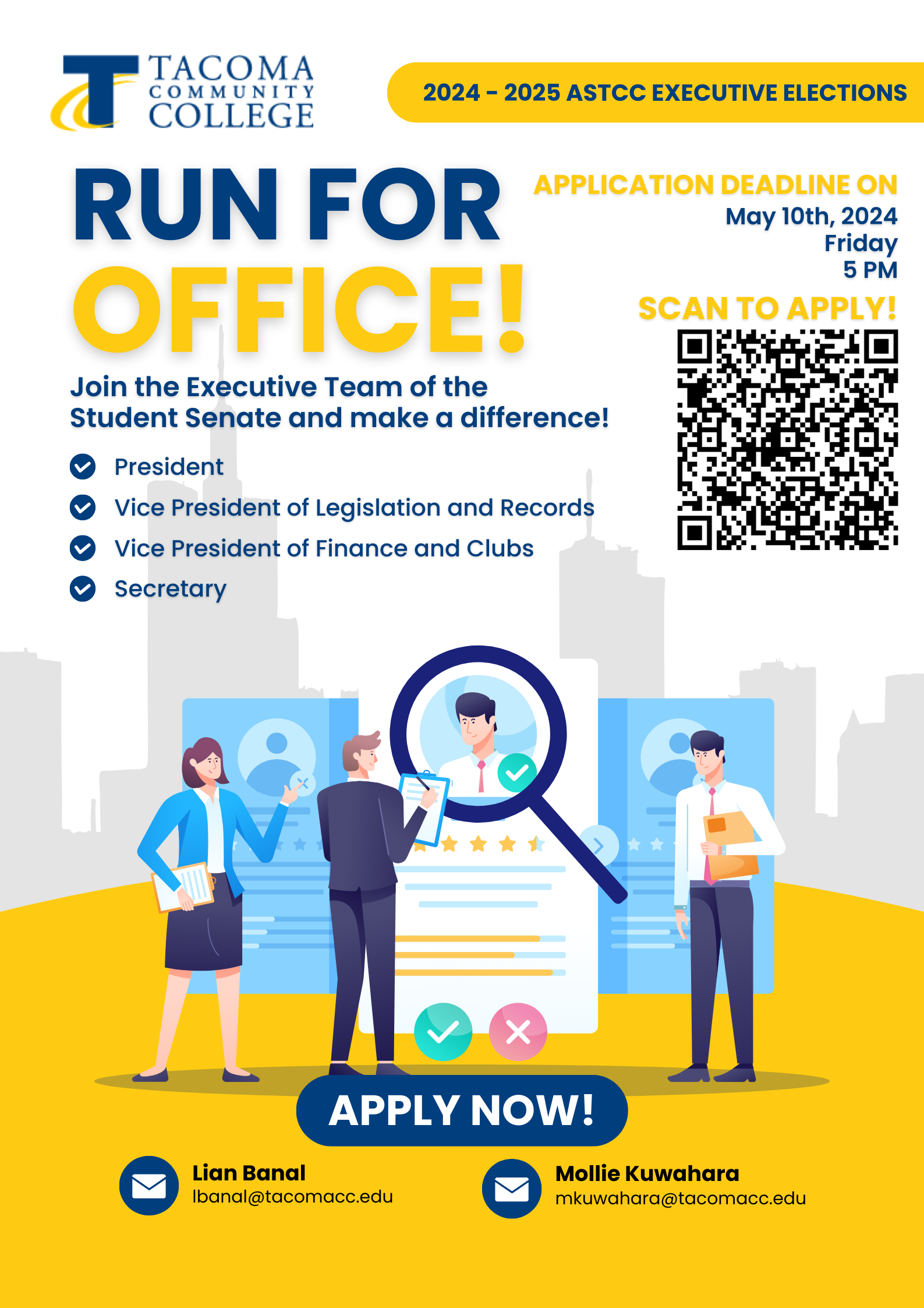 flyer for ASTCC elections with QR code to apply by 5 p.m. May 10 