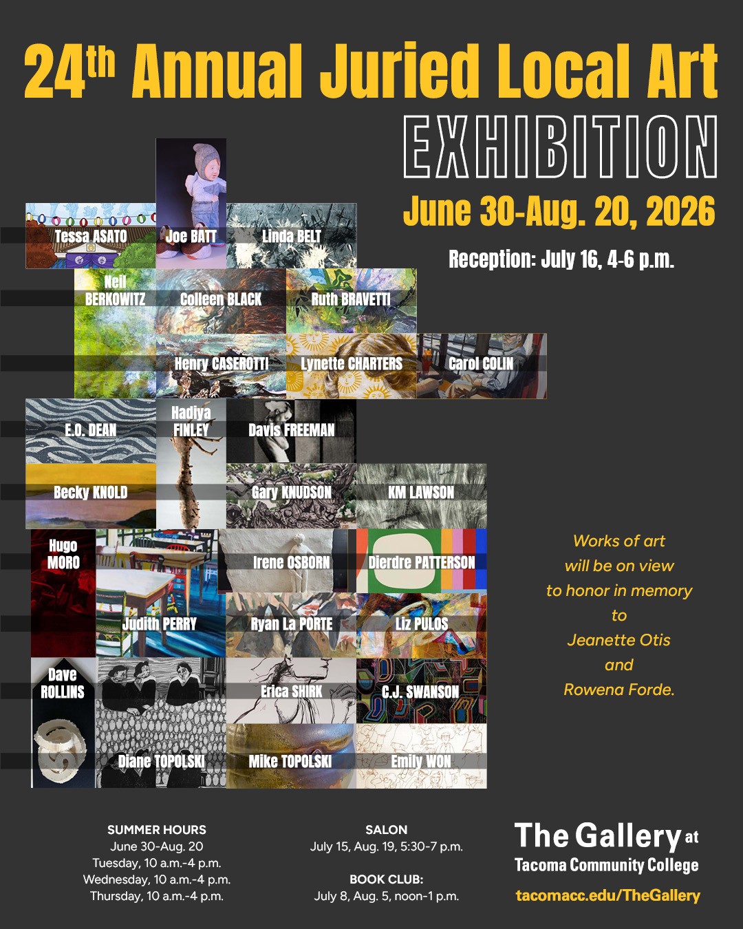 Flyer for the 24th Annual Juried Art Exhibition, June 30 - Aug. 20 in The Gallery at TCC. Images with artists' names.