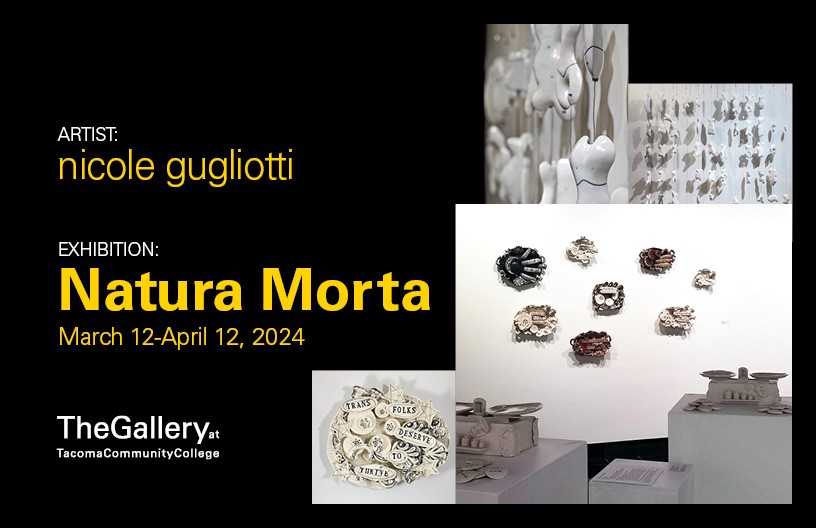image for nicole gugliotti Natura Morta exhibition, with pictures of small pieces of ceramic art