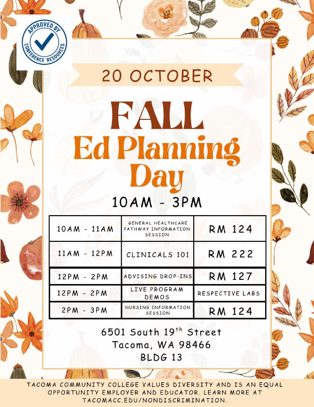 flyer for healthcare Educational Planning Day, Oct. 20, 10a -1p, Building 13