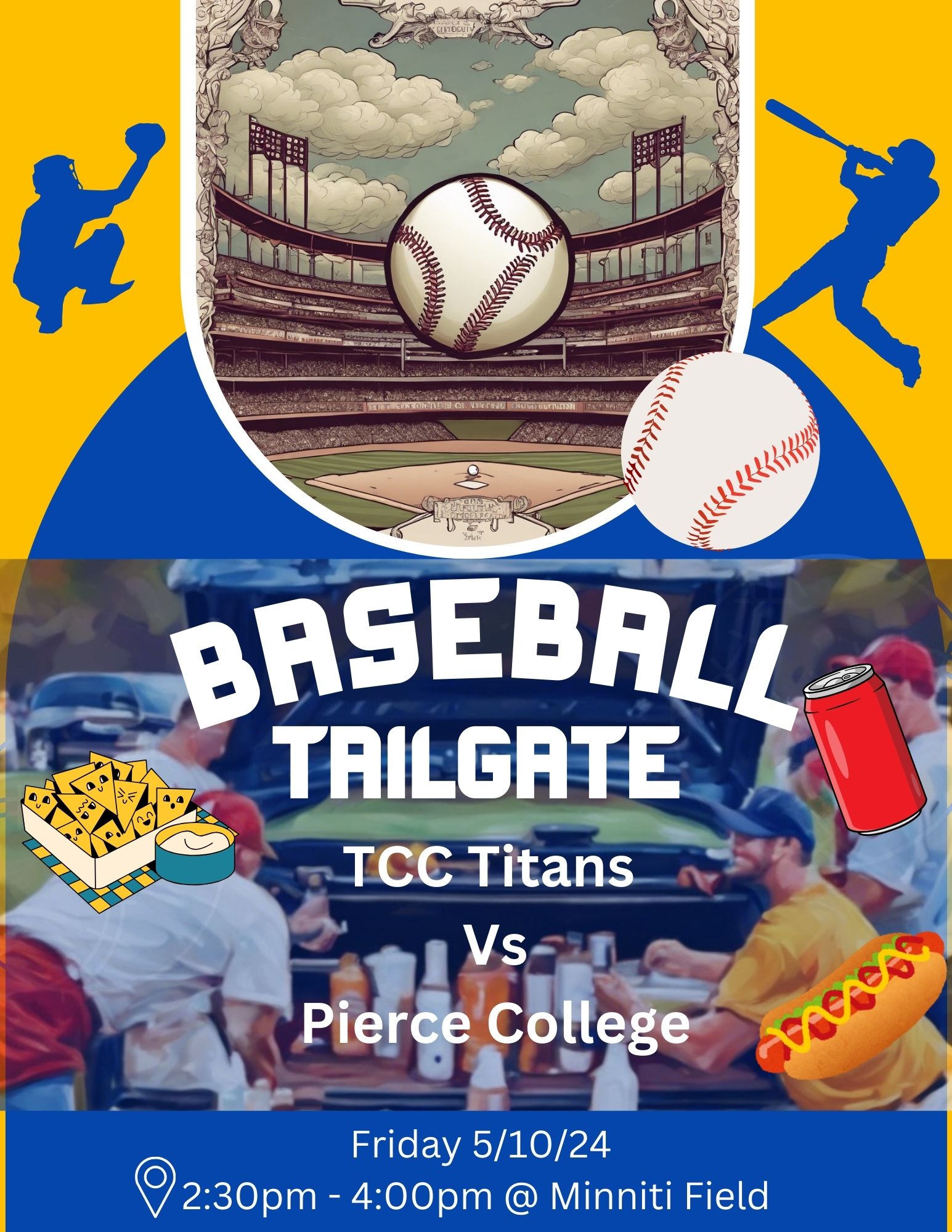 Flyer for the May 10 Baseball Tailgate Party, 2:30 p.m. at Minnitti field before the befor the Pierce College game. 