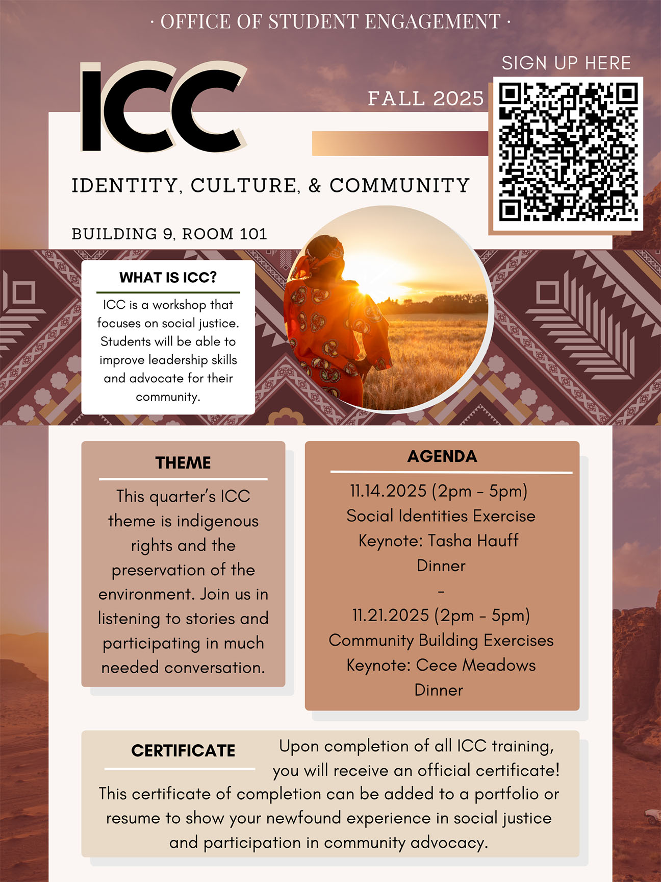 Flyer for Identity, Culture & Community Workshops, Nov. 14 & 21, 2-5 p.m. in Building 9, Rooom 101. Dinner will be provided after each workshop. QR code to register goes here: https://forms.office.com/Pages/ResponsePage.aspx?id=nPL06BvKMEK3FMzTRVpiUBPq95Jjc1pEqQqmVGo0BvNUOVBWNlRTM1ZITkMxT0tJSUQwSVVVRUlTTS4u&origin=QRCode
