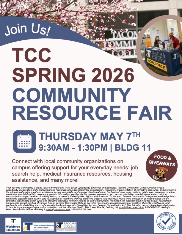 Spring 2026 Community resource fair occurs on Thursday May 7th from 9:30am to 1:30pm in building 11