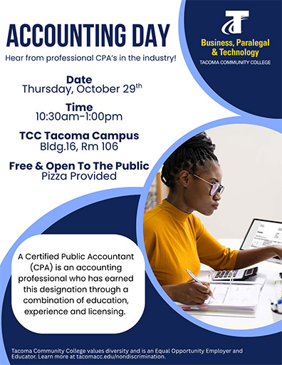 Flyer for Accounting Day, Oct. 29, 10:30 a - 1p in 16-106. CPA panel, pizza provided.
