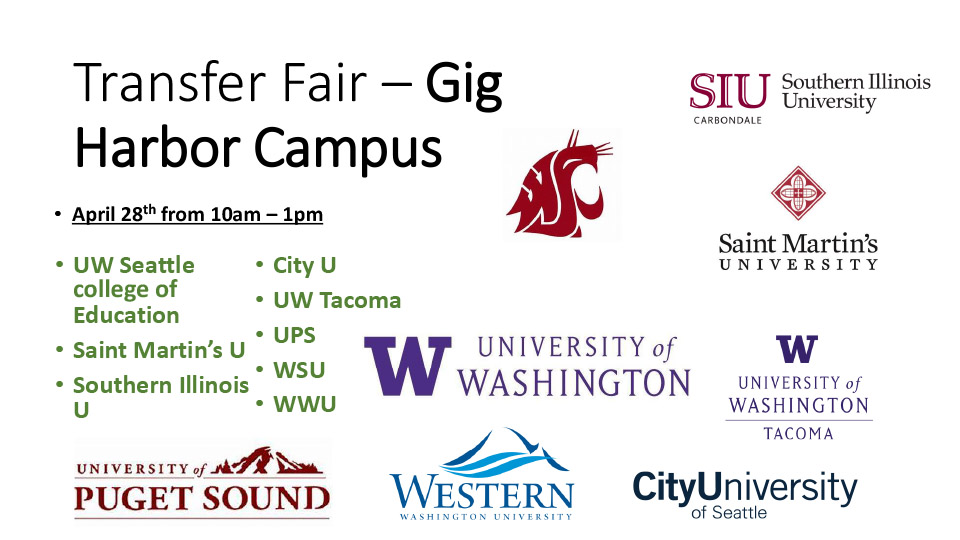 flyer for Gig Harbor Transfer Fair, 10a - 1p April 28 at TCC Gig Harbor