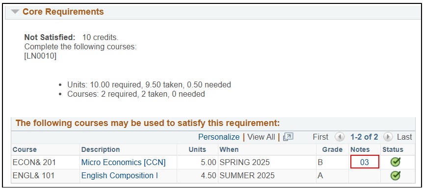 An AAR requirement line that shows a note number next to one of the courses being used.