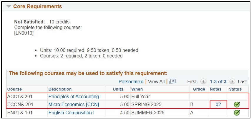 An AAR requirement line that shows the required and substituted course, with a note number next to latter.