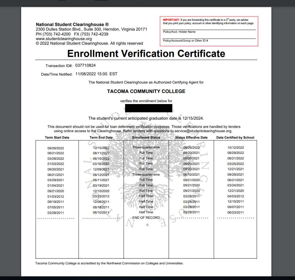 Enrollment And Degree Verification Tacoma Community College