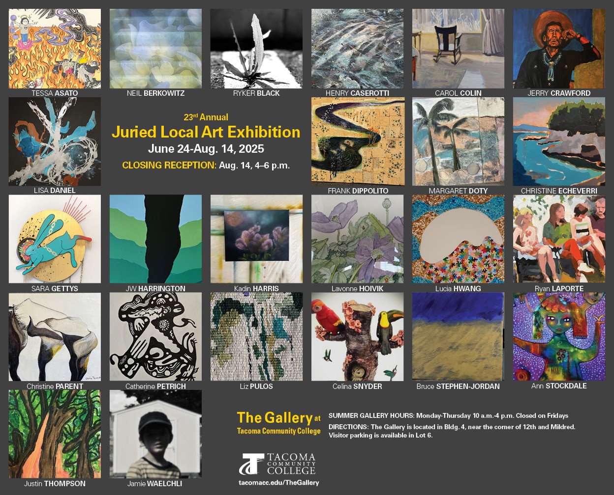 Flyer for Juried Local Art Exhibition, June 24 - August 14, 2025. Exhibition reception Aug. 14, 4-6 p.m. 