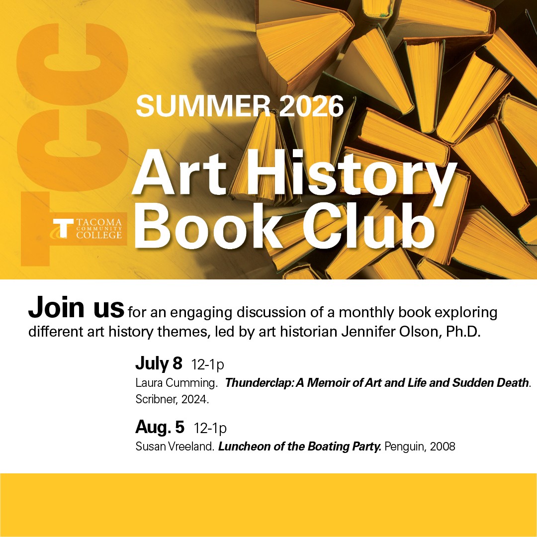 Flyer for summer quarter 2026 Art History Book Club. Meetings July 8 and Aug. 15, noon in The Gallery and online.