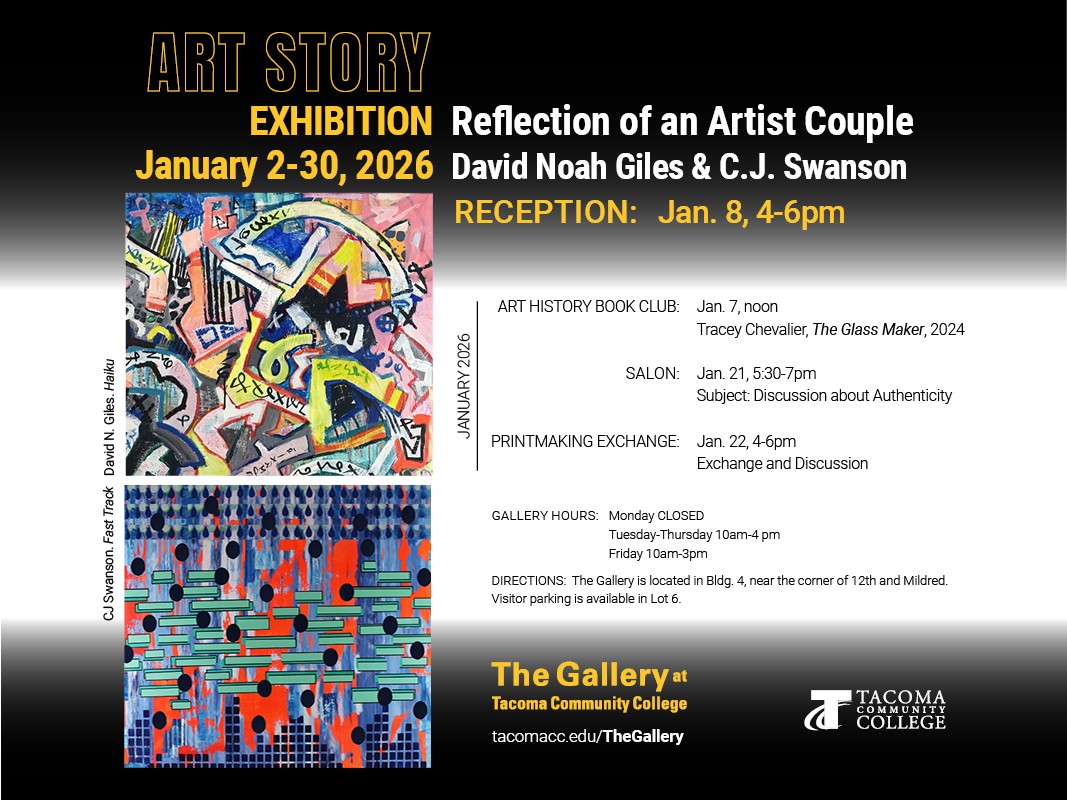 Flyer for Art Story Exhibition, Jan. 2-30, 2026. Art by David Noah Giles and C.J. Swanson. Reception 4-6p Jan. 8