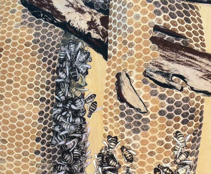 art with bees on honeycombs hanging off branches