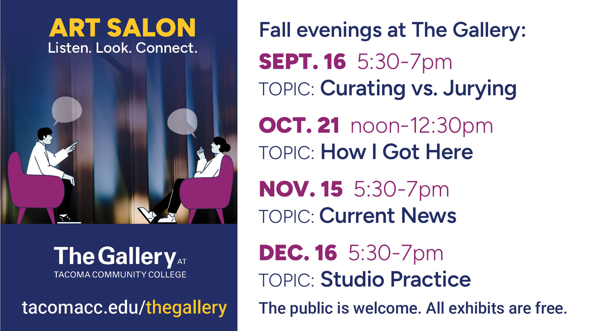 flyer with updated Salon events for Fall Quarter 2026, starting with September 16, 5:30 - 7 p.m., Curating vs. Jurying.