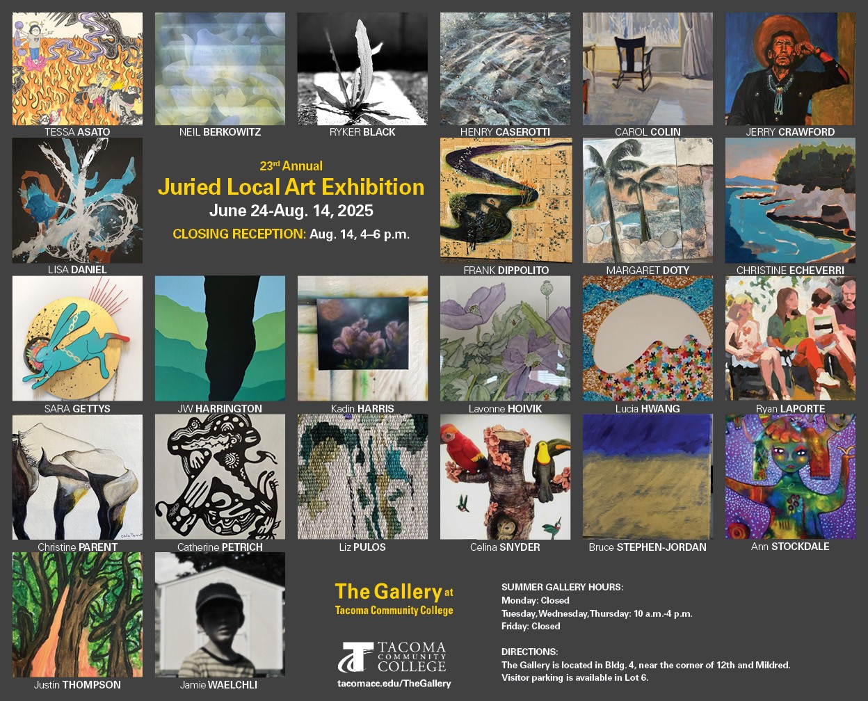 Flyer for 23rd Annual Juried Local Art Exhibition, June 24 - Aug. 14, 2025 in The Gallery at TCC. 