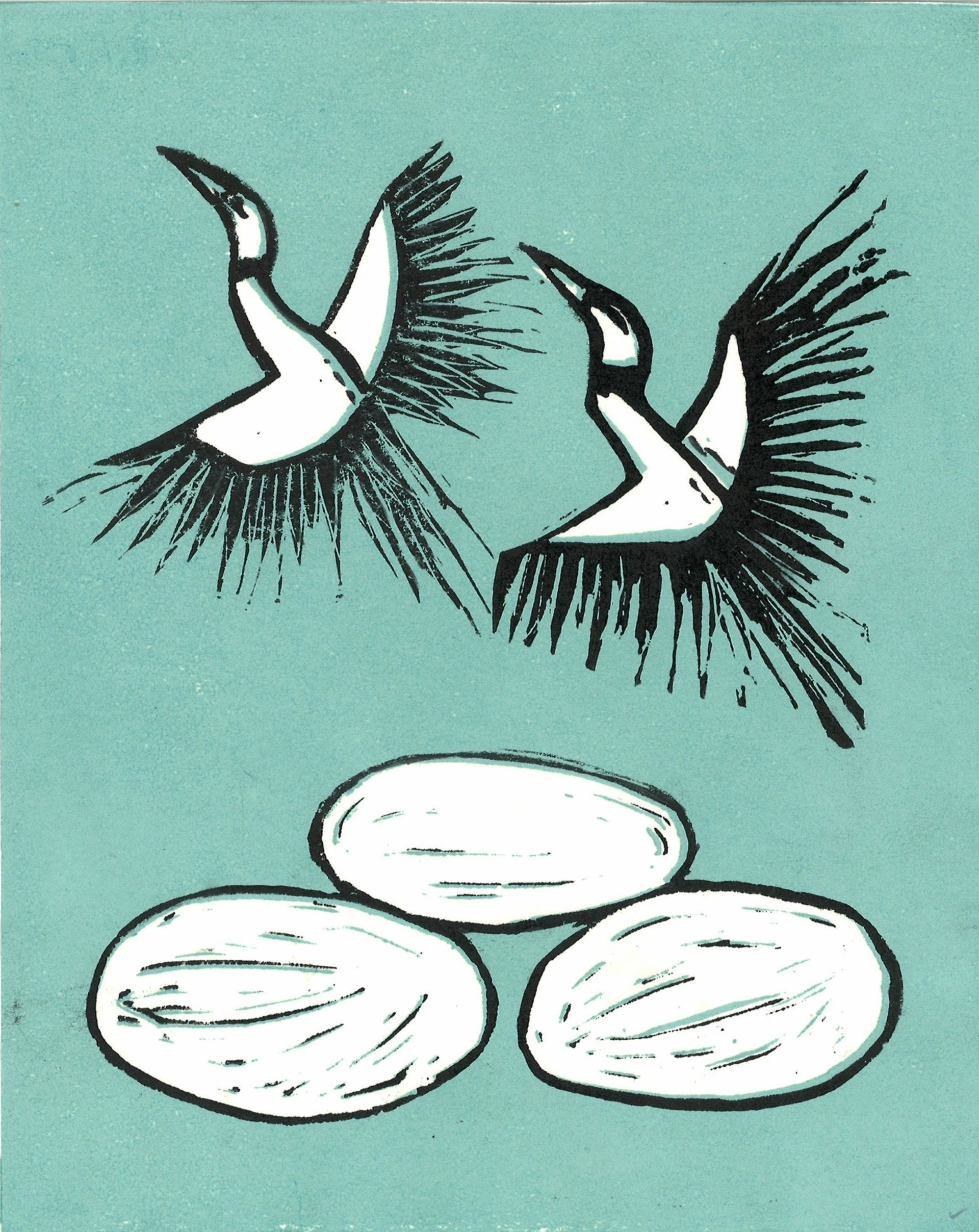 Print of two large birds flying over three shapes that might be eggs