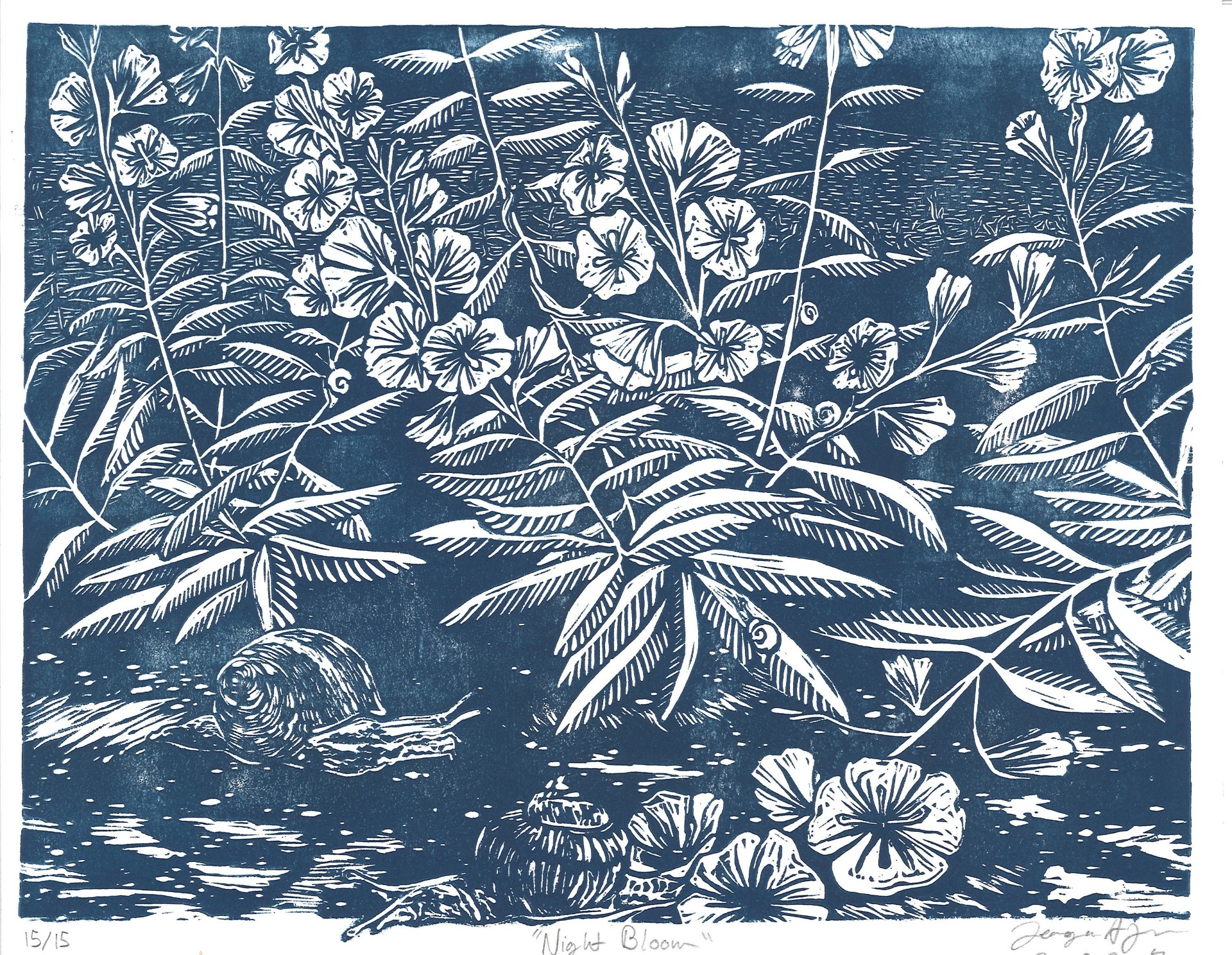 blue and white print of flowers and snails 