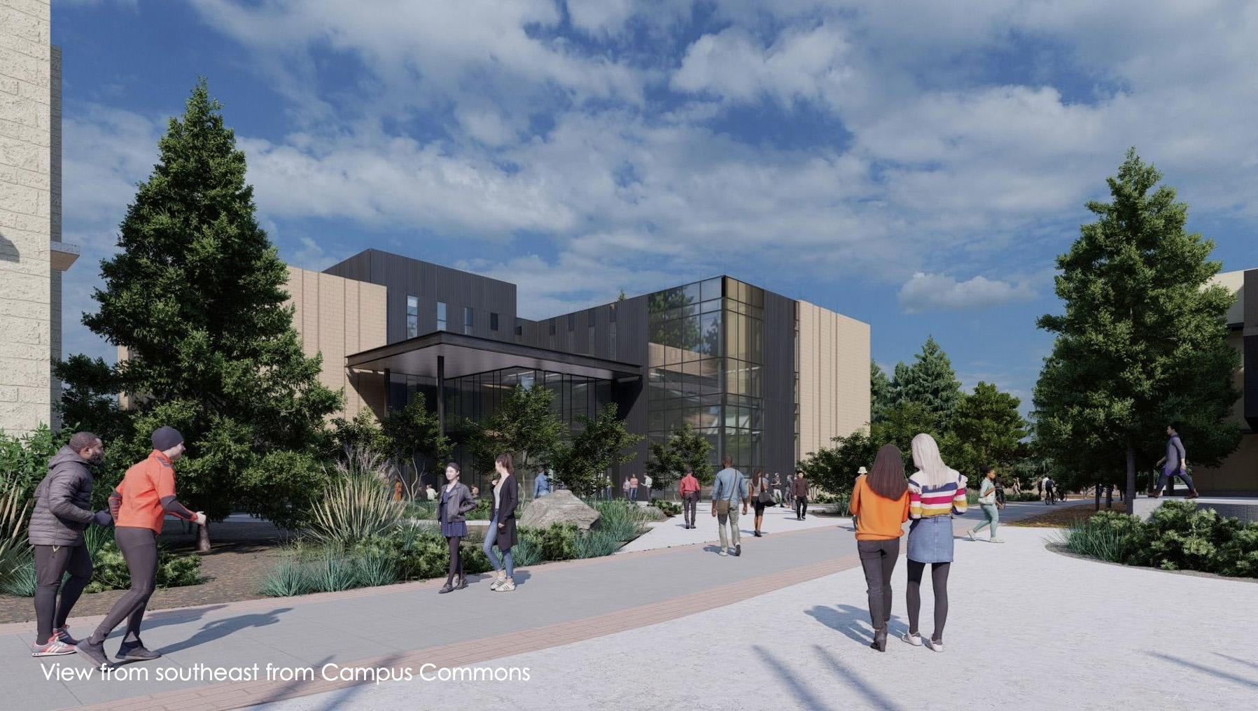 architect's rendering of the completed CILE building on the TCC campus, with students walking in front of it. 