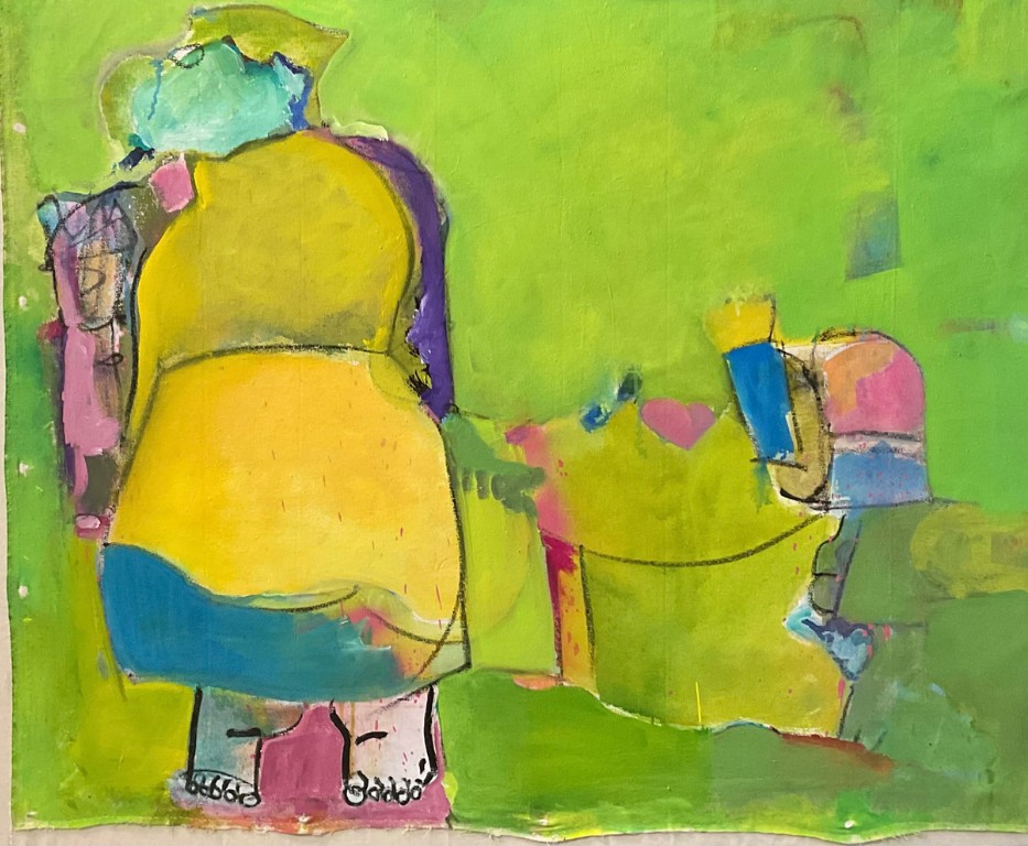 green and blue Mother with the kid
