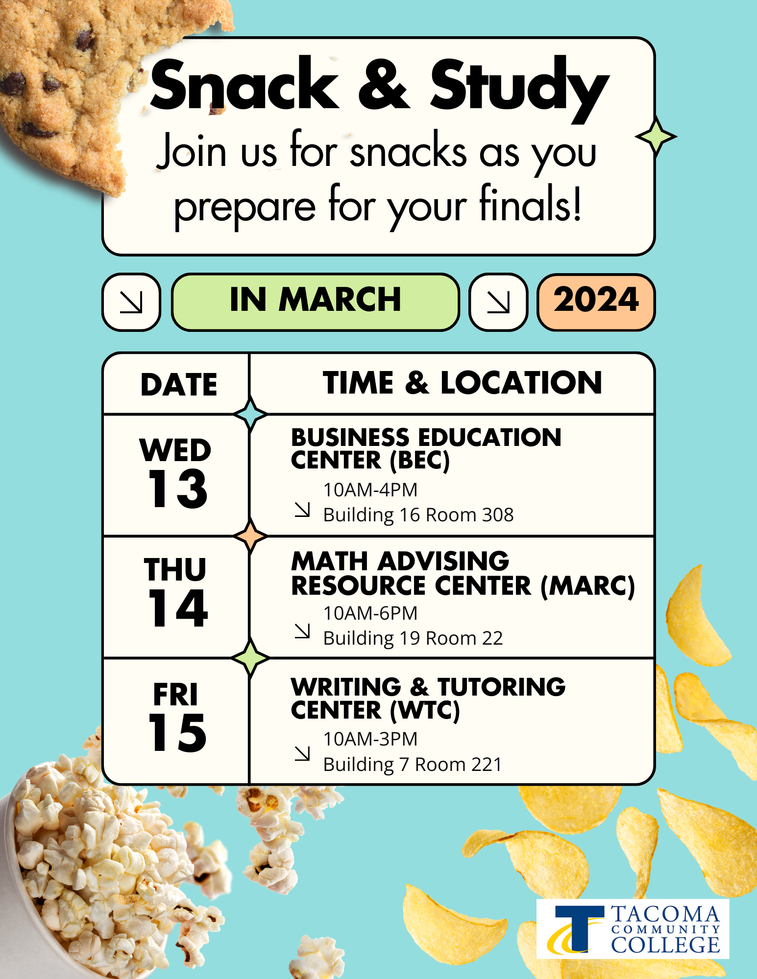 picture of popcorn and the study schedule for march 13, 10a-4p in the BEC, March 14, 10a - 6p in the MARC, and March 15, 10a - 3p in the WTC 
