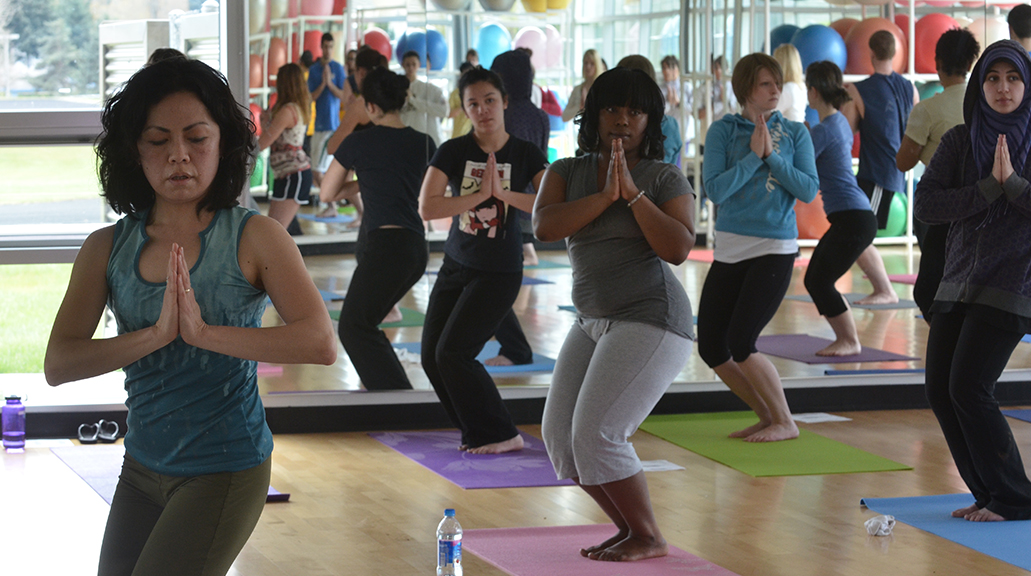 a yoga class in the aerobic gym