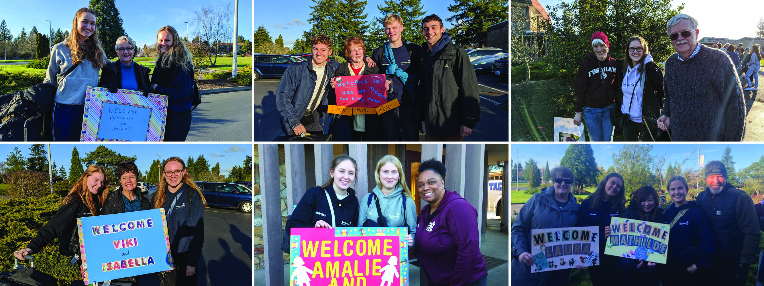 A collage of families posing with "Welcome" signs and their new international students