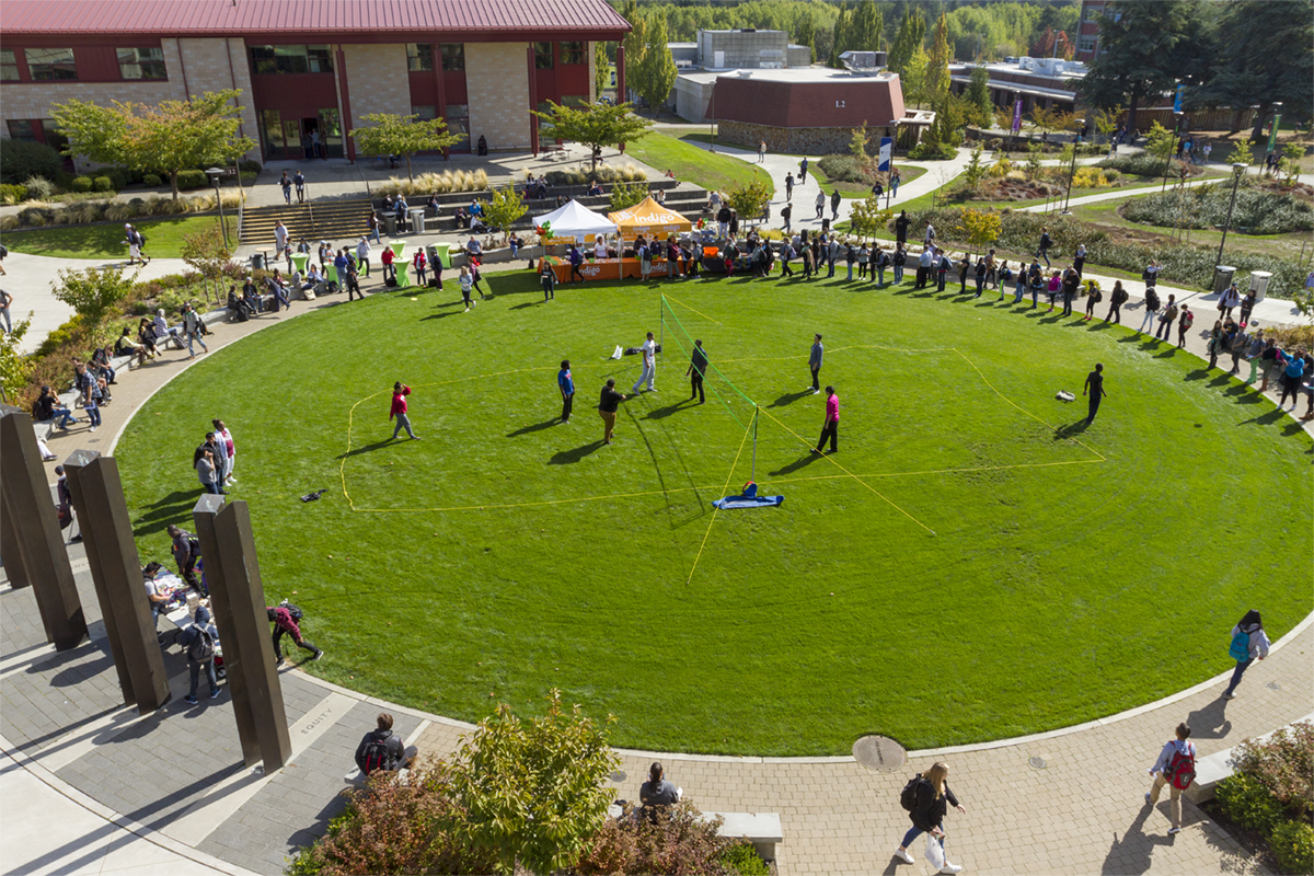 Aerial view of a crowd on the Campus Commons