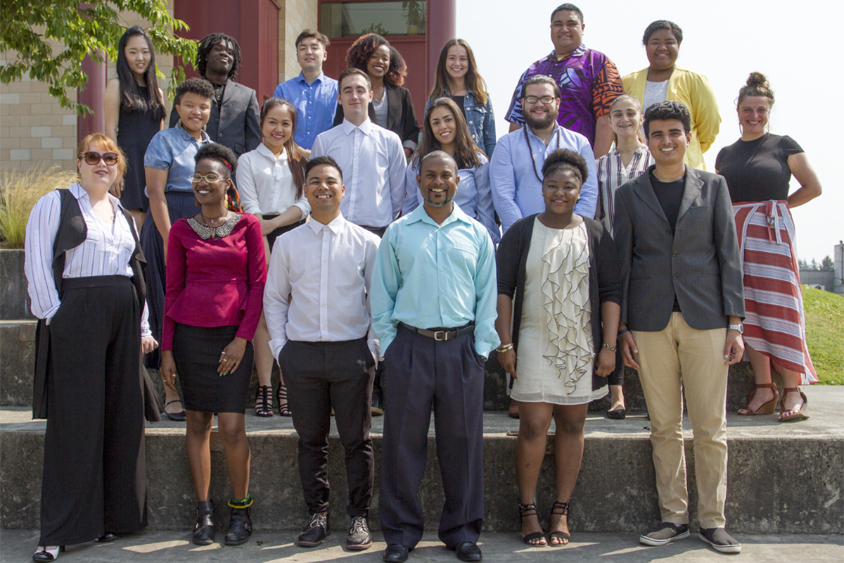 Student Leadership team students standing on the Building 12 steps