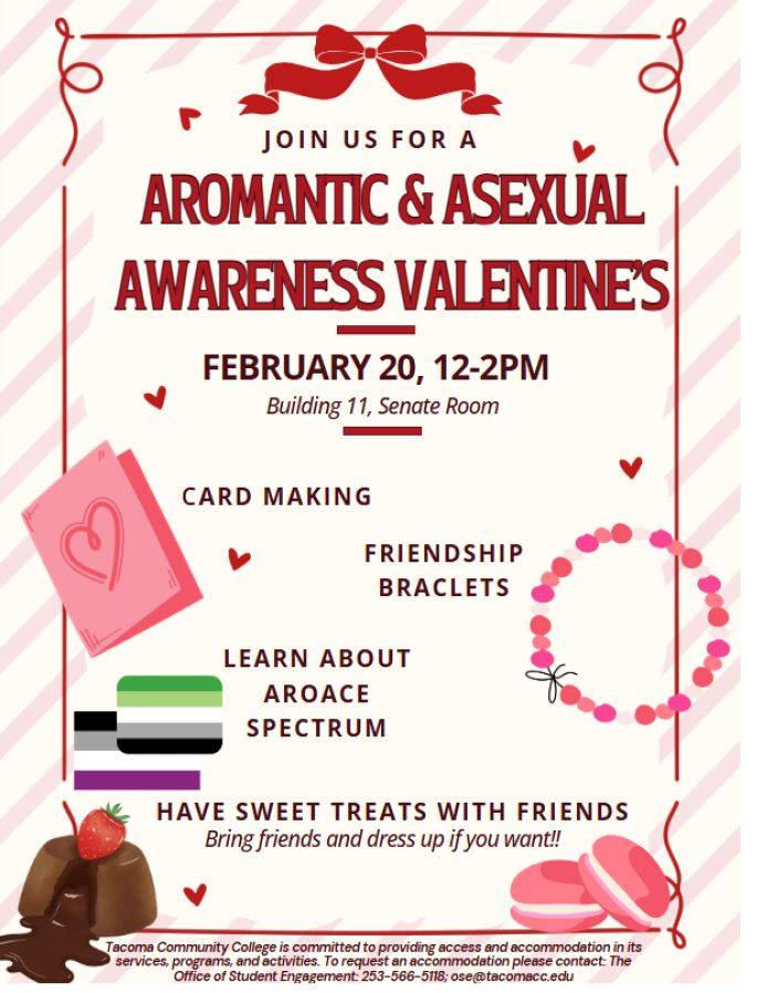 Flyer for asexual and aromantic valentine's, Feb. 20, 12-2 in the Building 11 Senate Room.  