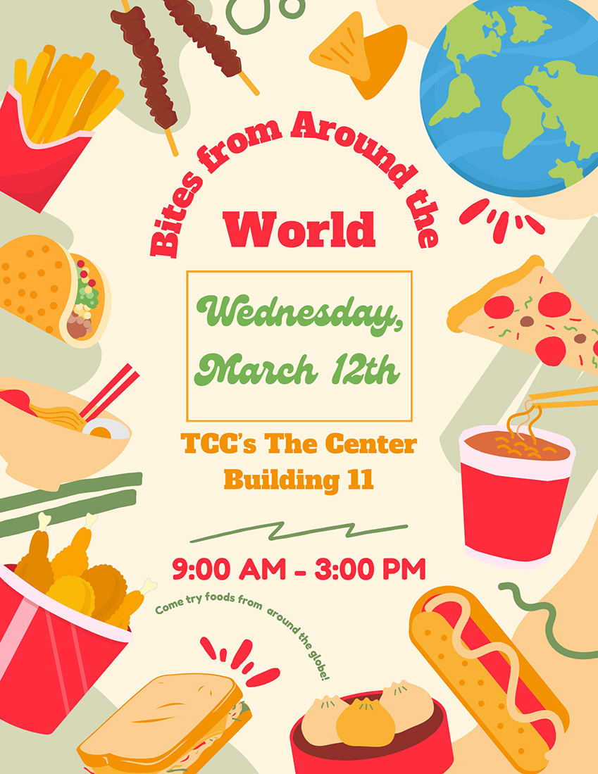 Flyer for Cultural Bites from Around the World, 9a - 3p March 12, Building 11 The Center 