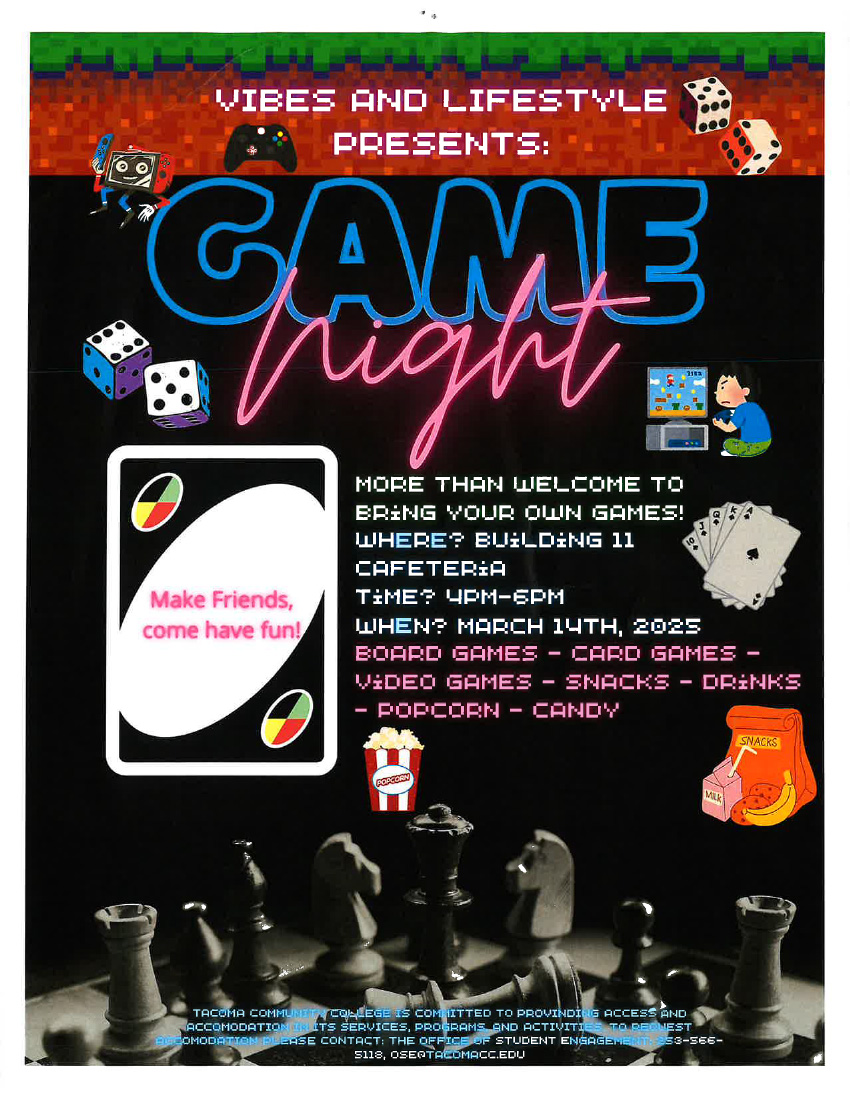 Flyer for Game Night, 4-6 p.m. March 14 in the Building 11 Student Center. 