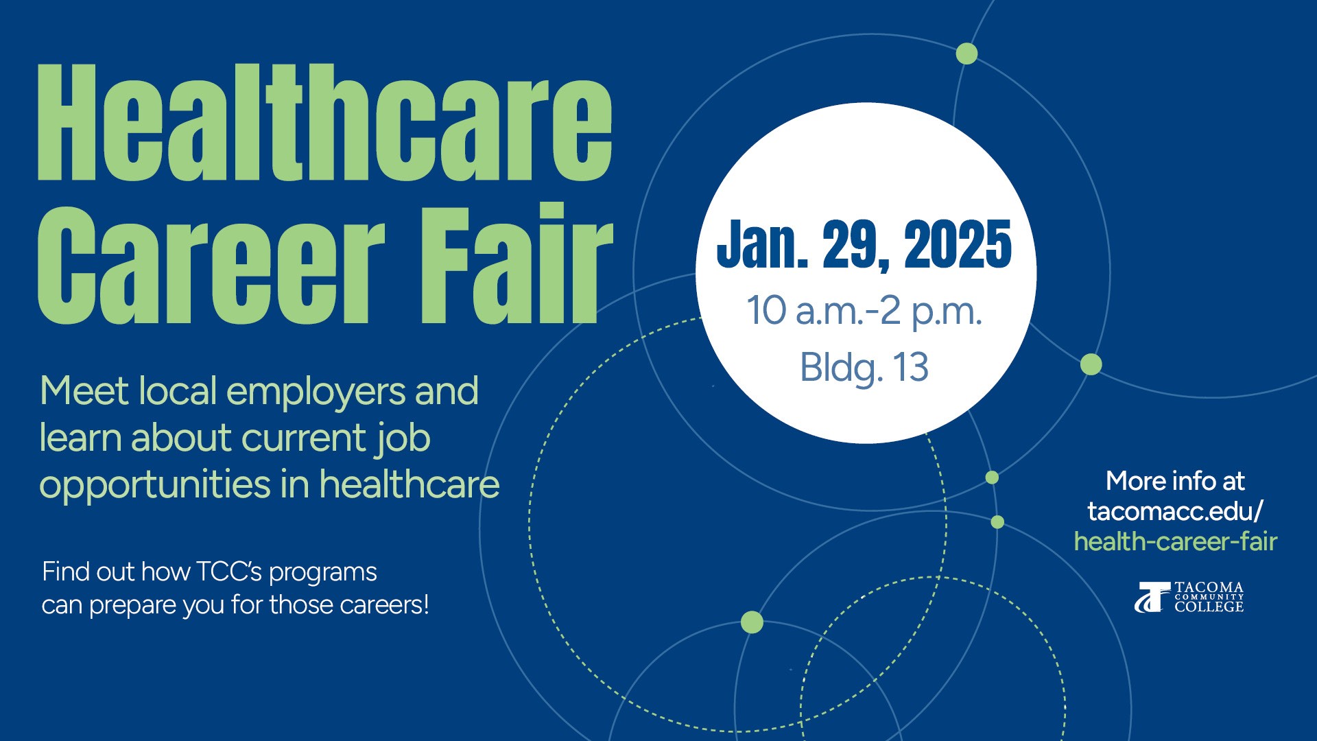 Flyer for Jan. 29, 2025 Healthcare Career Fair, 10a - 2p in Building 13. 