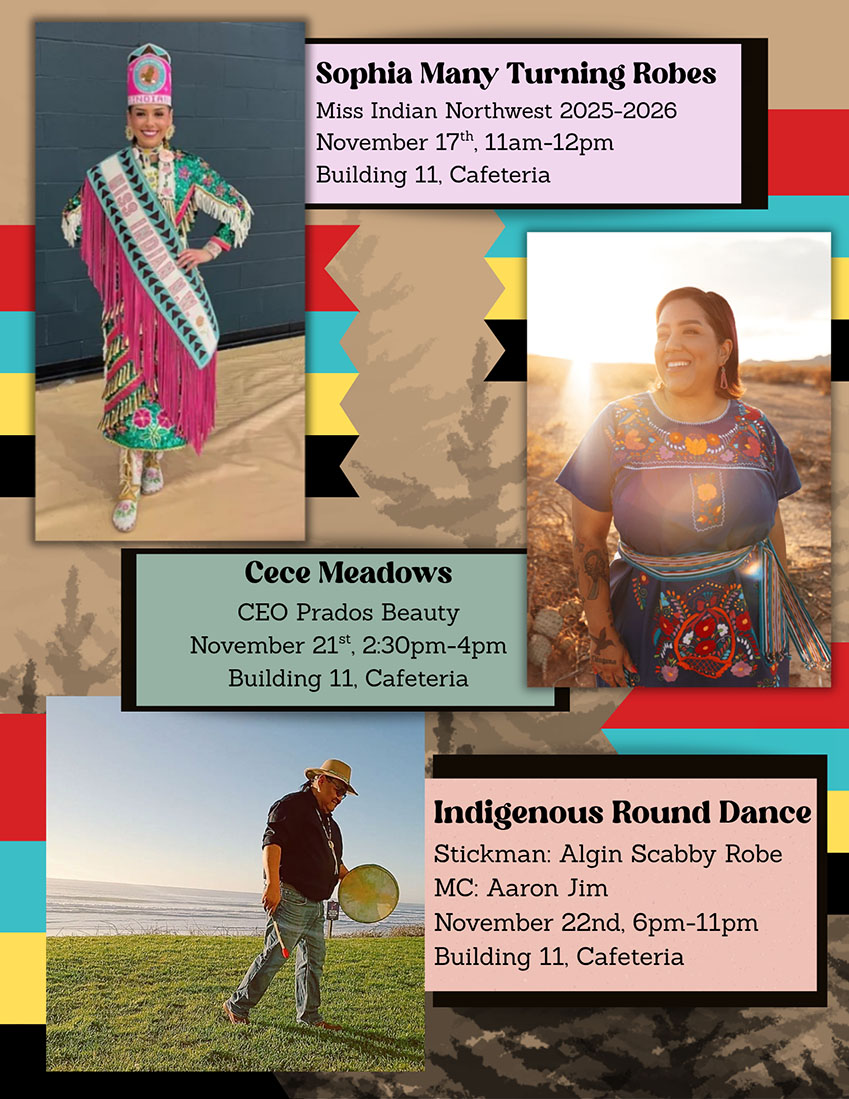 Flyer for Indigenous Month activities in the TCC Cafeteria. Nov. 17, Sophia Many Turning Robes, 11a - noon. Nov. 21, Cece Meadows, 2:30 - 4p. Nov. 22, Round Dance, 6-11p.