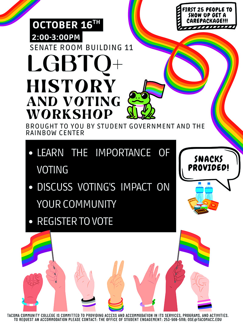 Flyer for LGBTQ+ history & voting workshop, Oct. 16, 2-3 p.m. in the Building 11 Senate Room.