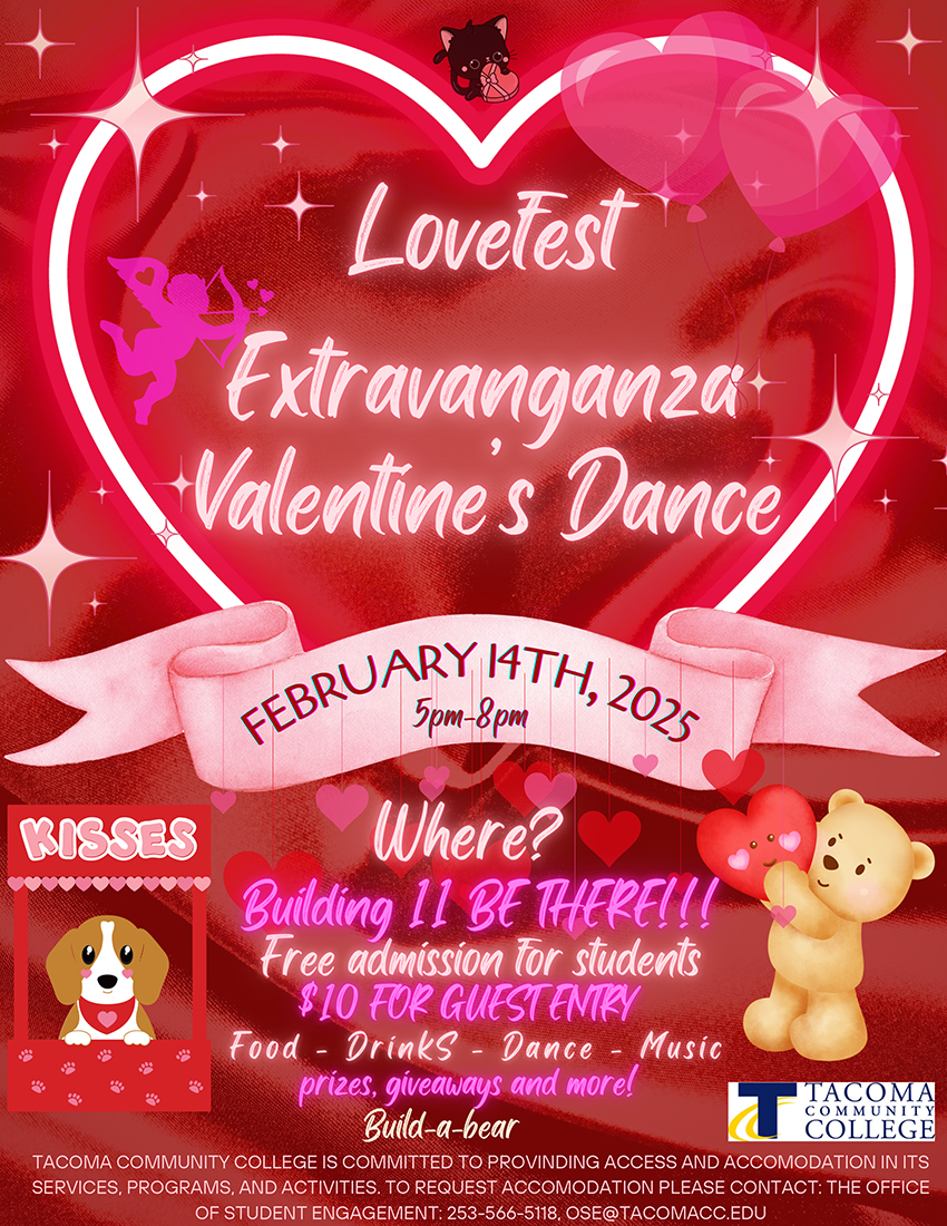 Flyer for Lovefest Extravaganza Valentine's Dance, Feb. 14, 5-8 p.m. 