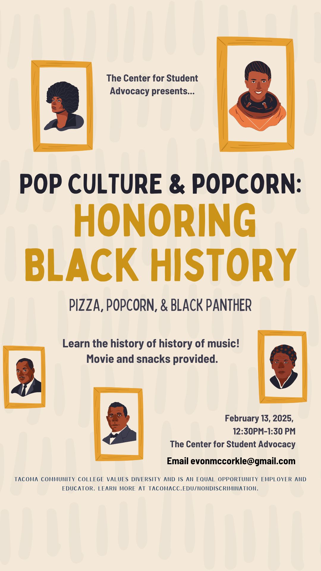 Flyer for Popcorn & Pop Culture: Honoring Black History, Feb. 13, 12:30 - 1:30 in The Center, Building 11