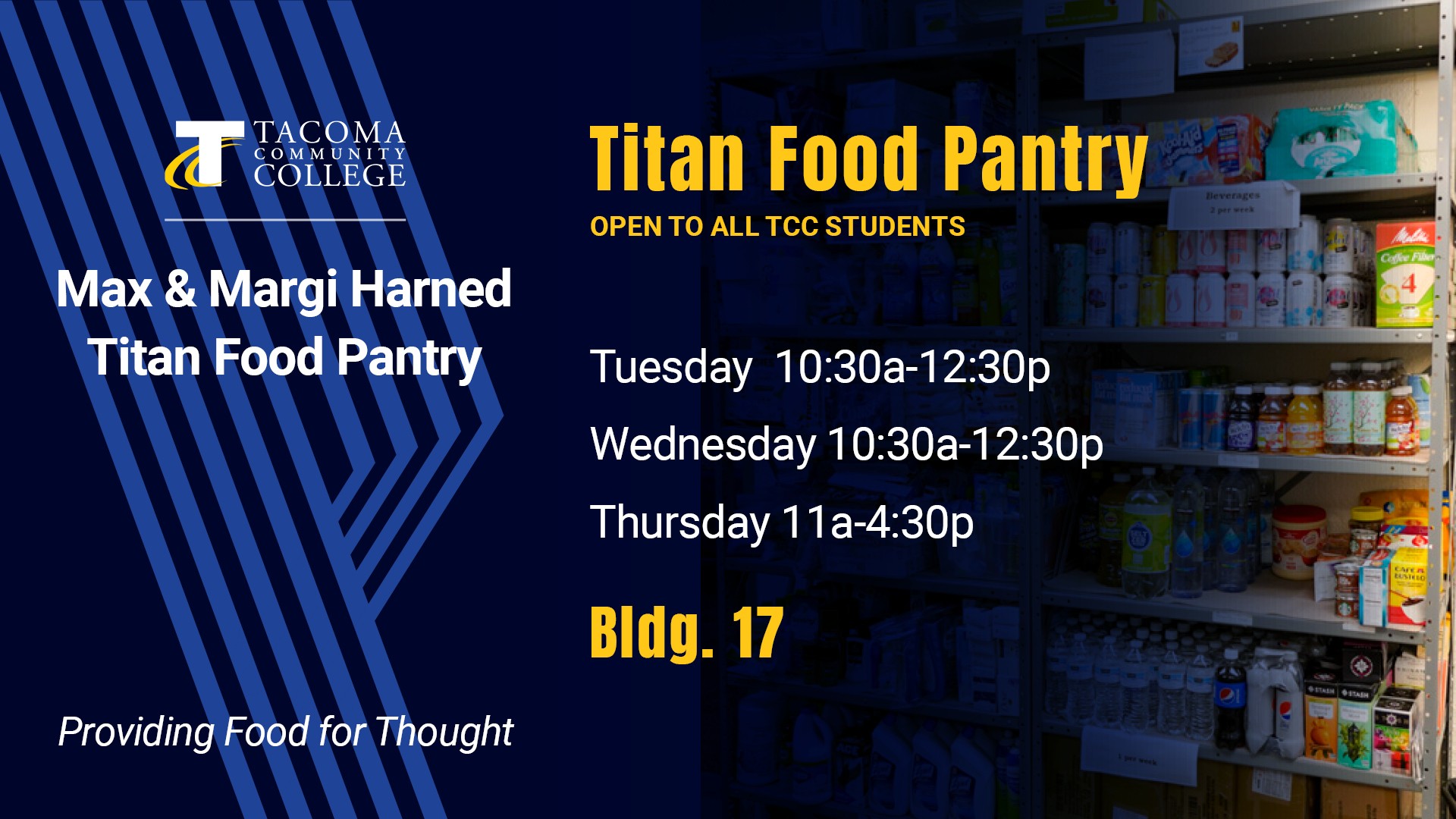 Flyer for fall 2025 food pantry hours, Tuesdays 10:30a - 12:30p, Wednesdays 10:30a - 12:30p, Thursdays 11a - 4:30p, Bldg. 17