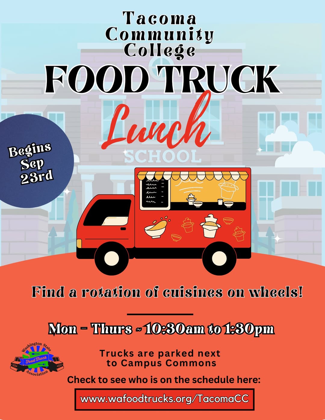 Flyer with a picture of a food truck. Food truck lunch starts Sept. 23 at TCC. wafoodtruck.org/tacomacc