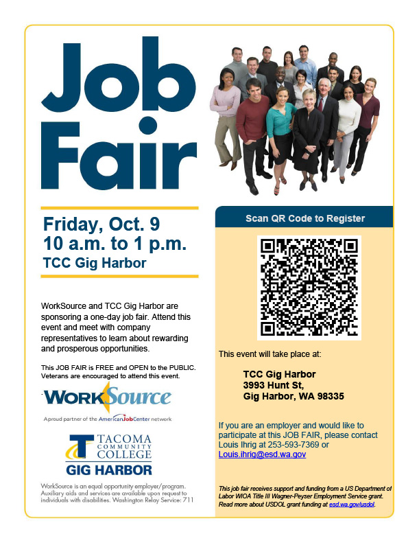 Flyer for Job Fair with a photo of a group of people in business attire. Job Fair 10a - 1p Oct. 9 at TCC Gig Harbor. Presented by WorkSource.