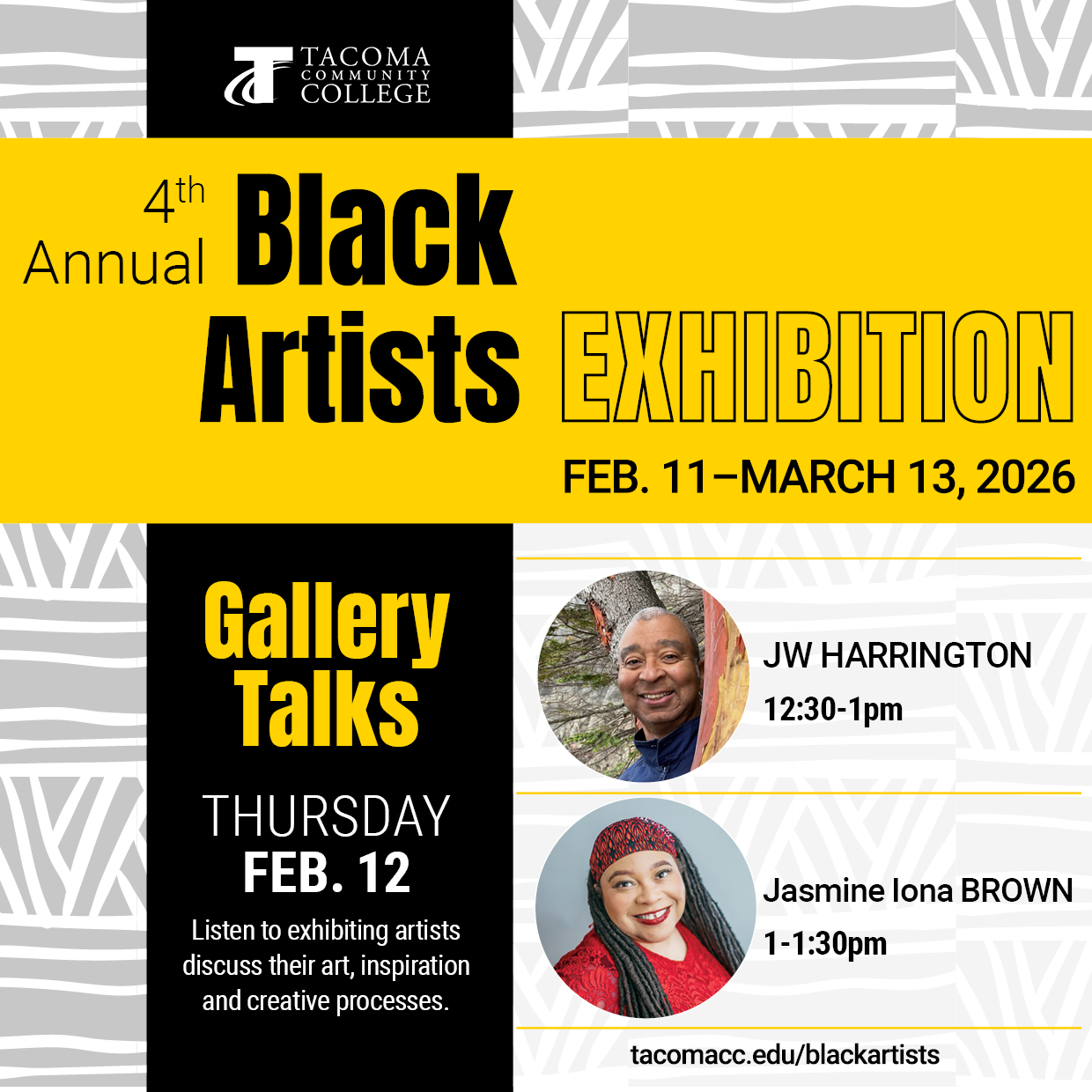 Gallery Talk with JW Harrington & Jasmine Iona Brown, Feb. 12, 12:30 - 1:30 p.m. in the Building 4 Art Gallery.