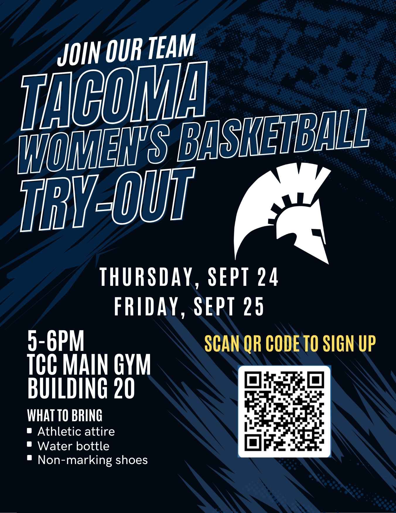 Flyer for Women's basketball tryouts, Sept. 24 & 25, 5-6 p.m. in the Building 20 gym. QR code to sign up.