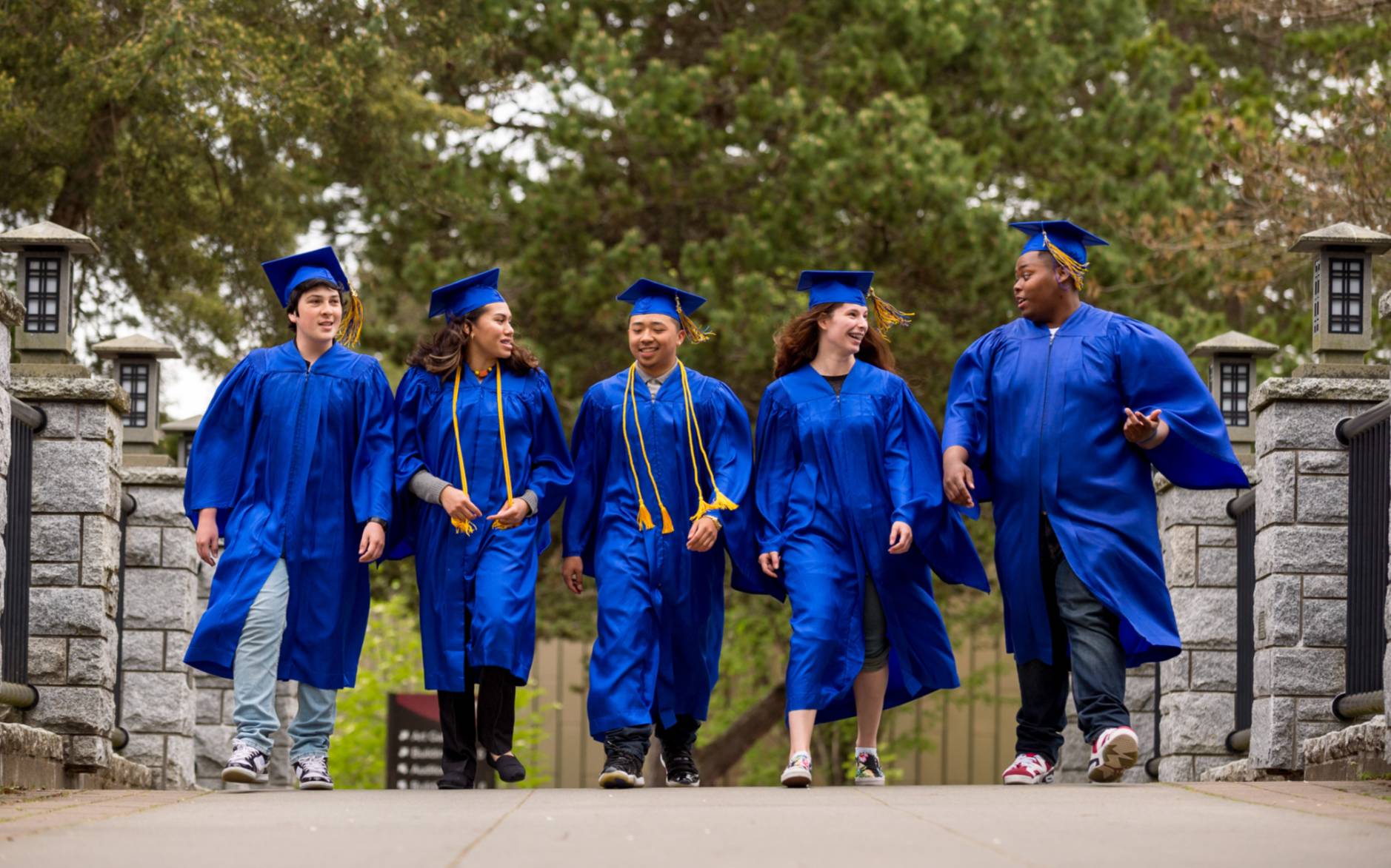 Students in graduation regalia walk across the Japanese bridge on campus